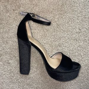 Black velvet platform sandal block heels